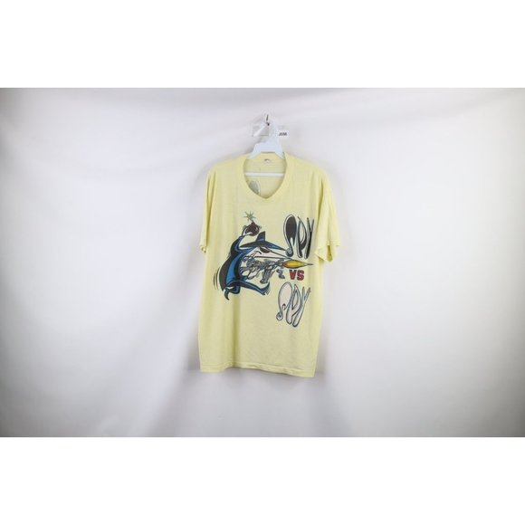 Vintage 80s Mad Magazine XL Distressed Spell Out Spy vs Spy T-Shirt Yellow USA